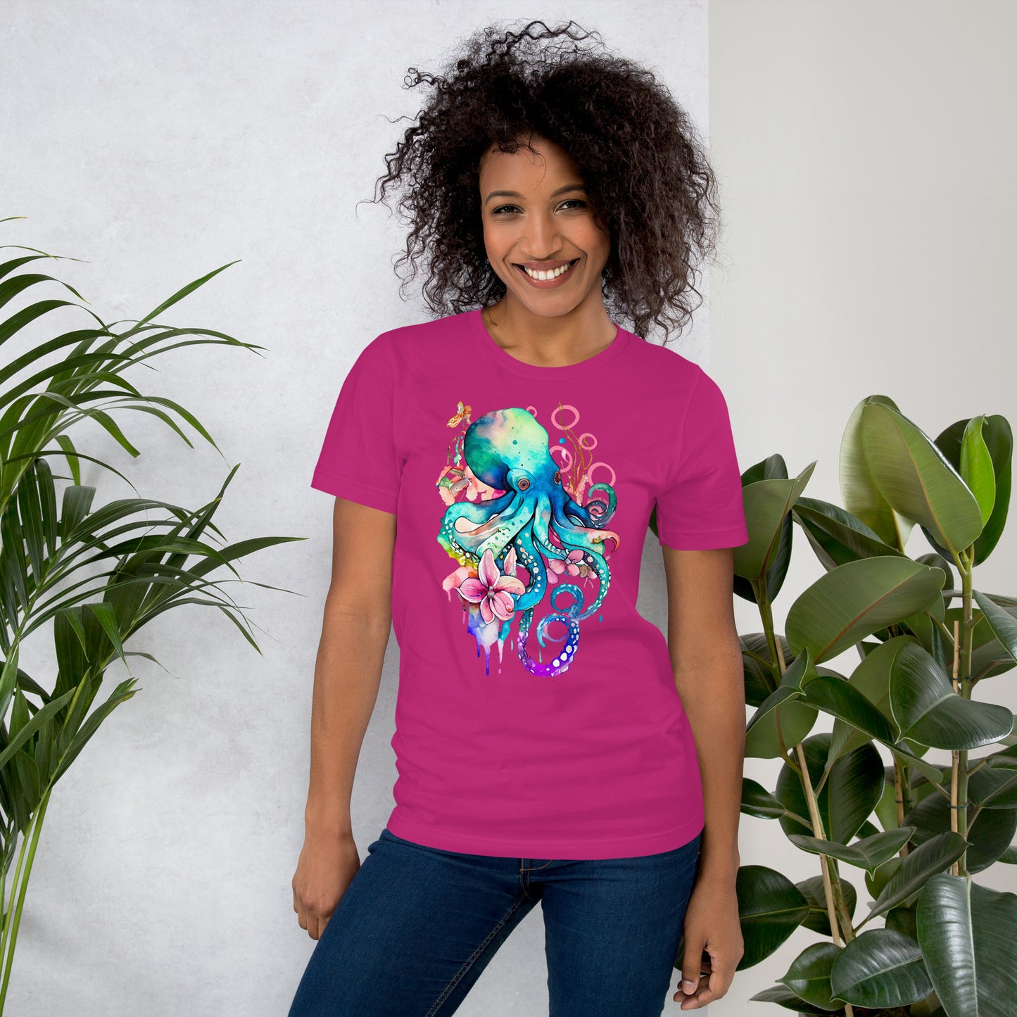 T-shirt Senhora com Estampa de Polvo em Aguarela Rosa e Azul - Conforto e Estilo