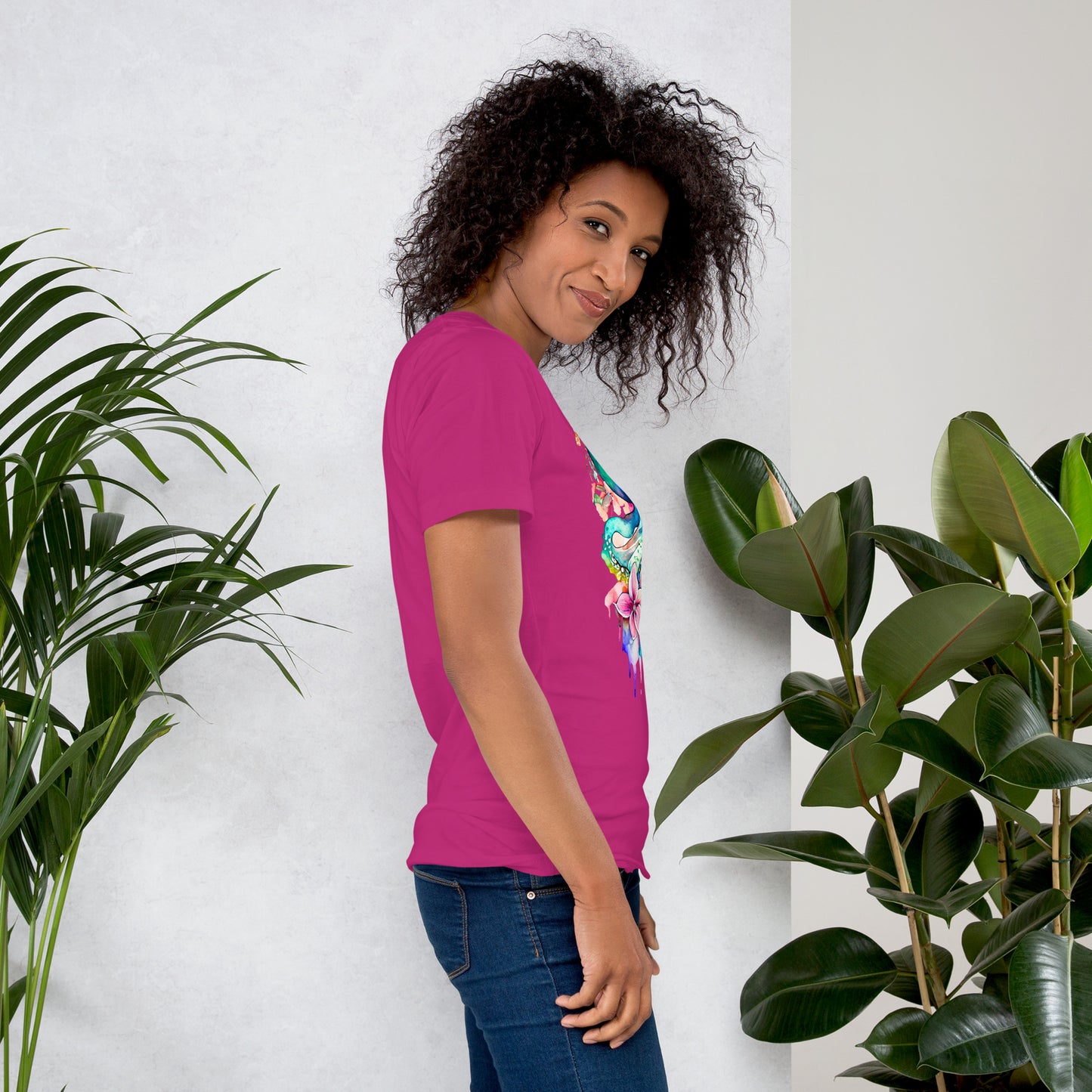 T-shirt Senhora com Estampa de Polvo em Aguarela Rosa e Azul - Conforto e Estilo