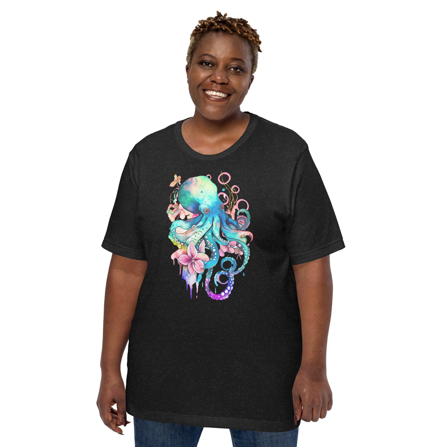 T-shirt Senhora com Estampa de Polvo em Aguarela Rosa e Azul - Conforto e Estilo
