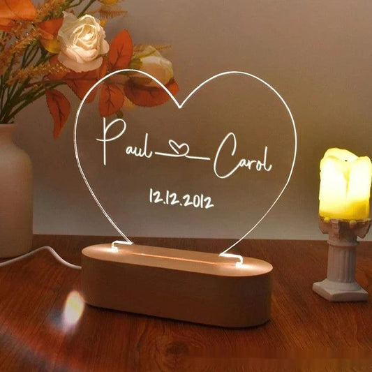 Luminária em Acrílico Personalizada com Nomes e Data - Presente Ideal para Aniversários, Dia dos Namorados e Outras Ocasiões Especiais - Prendas Personalizadas