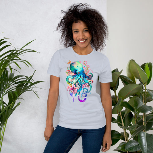 T-shirt Senhora com Estampa de Polvo em Aguarela Rosa e Azul - Conforto e Estilo