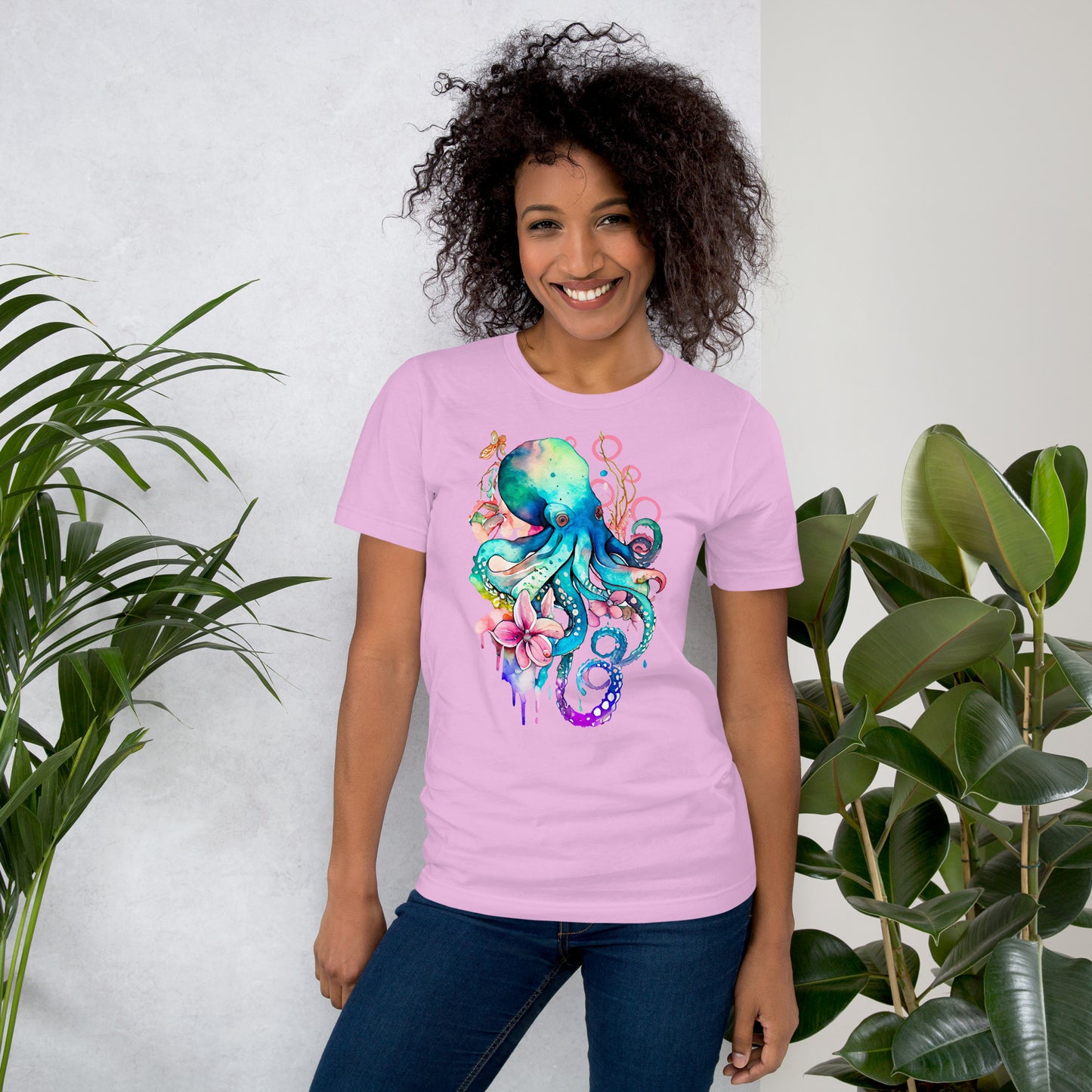 T-shirt Senhora com Estampa de Polvo em Aguarela Rosa e Azul - Conforto e Estilo