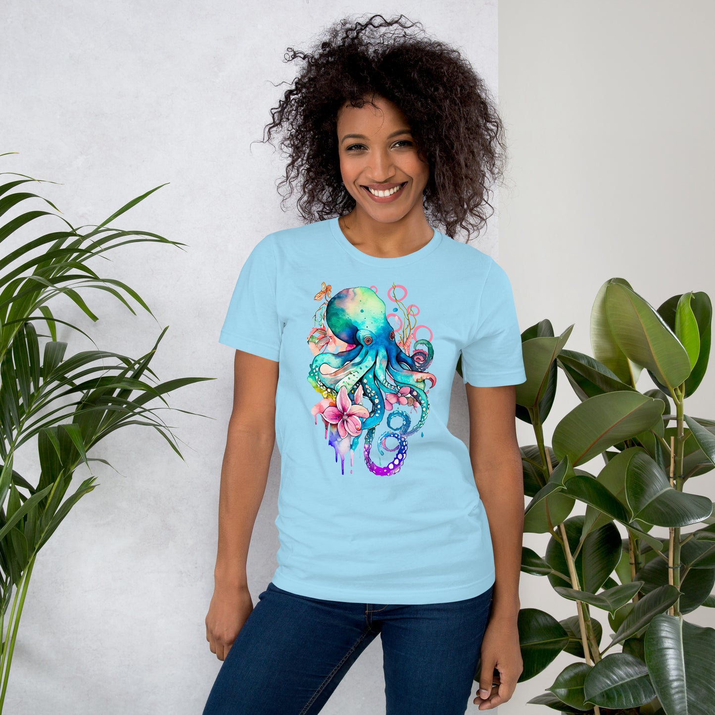 T-shirt Senhora com Estampa de Polvo em Aguarela Rosa e Azul - Conforto e Estilo