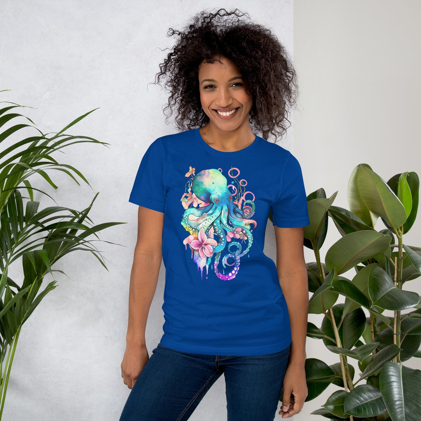 T-shirt Senhora com Estampa de Polvo em Aguarela Rosa e Azul - Conforto e Estilo