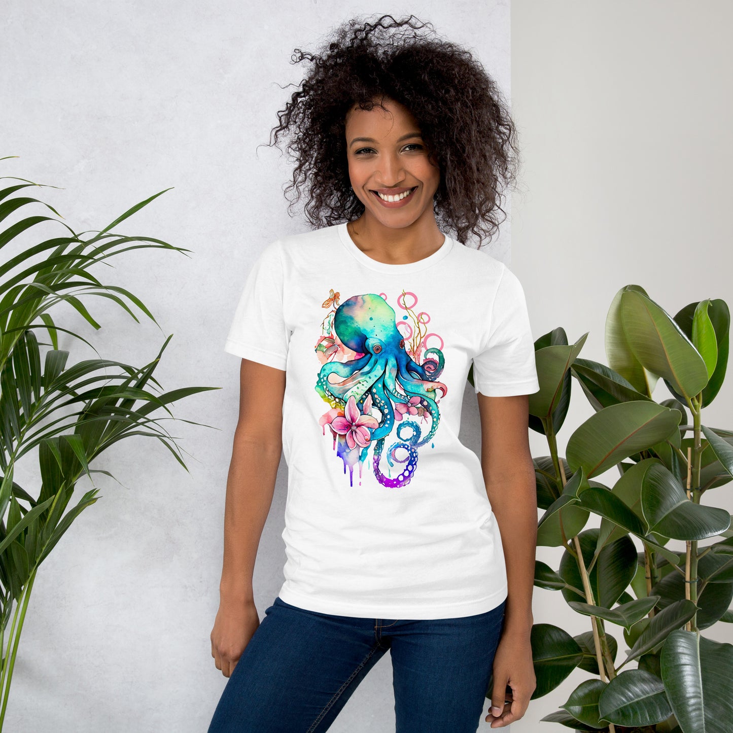 T-shirt Senhora com Estampa de Polvo em Aguarela Rosa e Azul - Conforto e Estilo